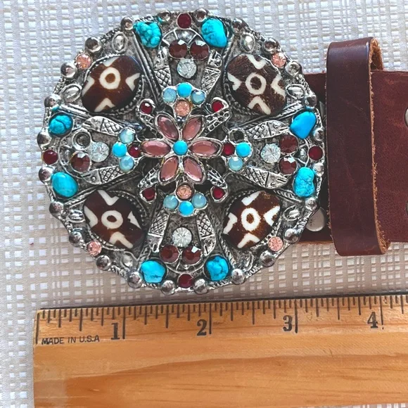 Vintage 100% Leather Statement Buckle Silver Rhinestone Boho Western 90s - Picture 11 of 15